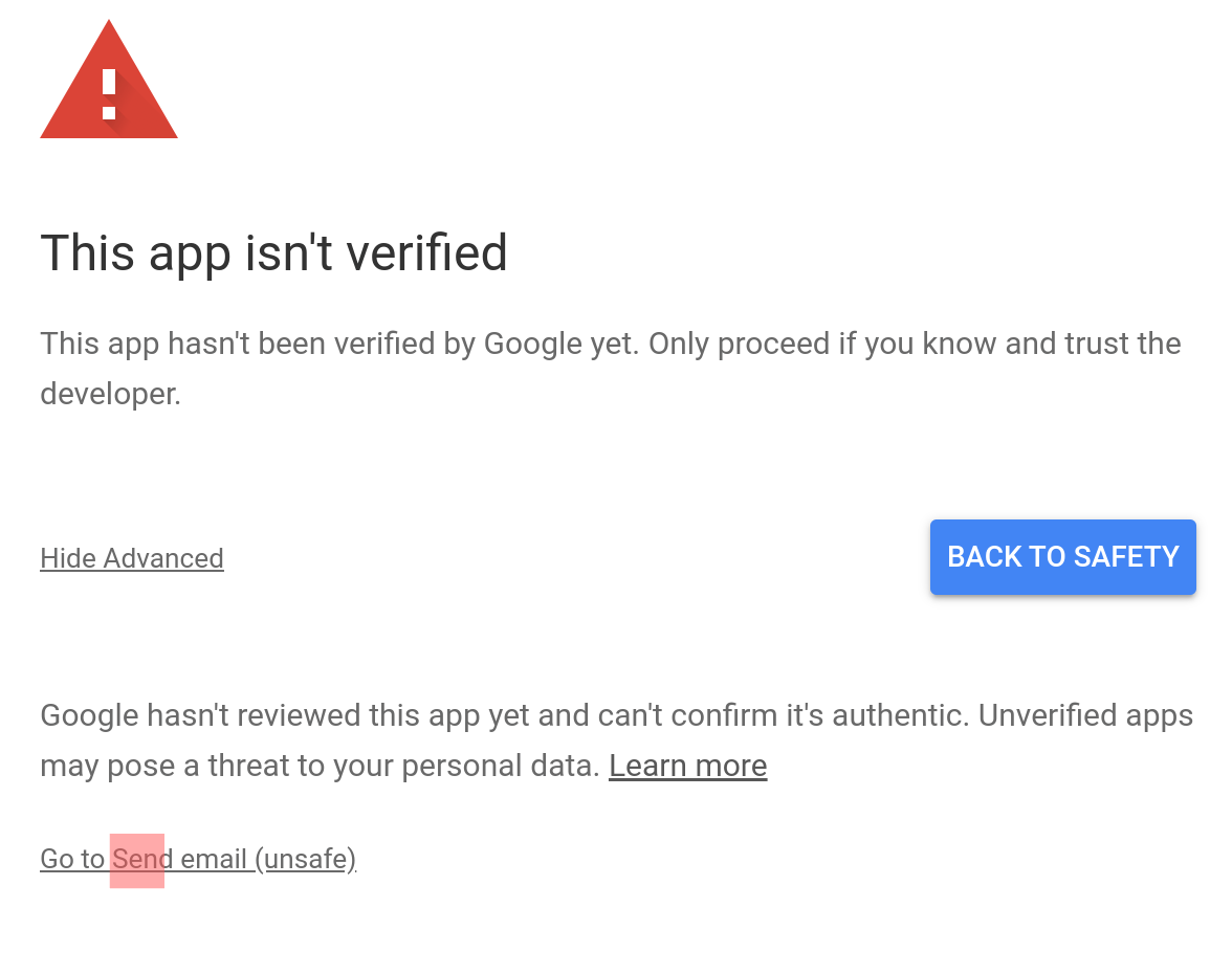 Screenshot of a warning message informing the user that the Apps Script app isn't verified.