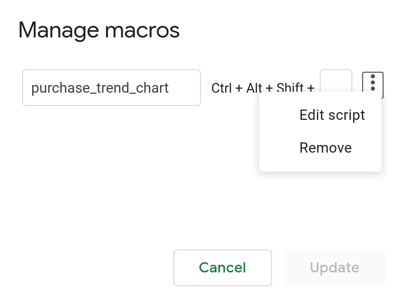 Screenshot of the manage macros dialog in Google Sheets.
