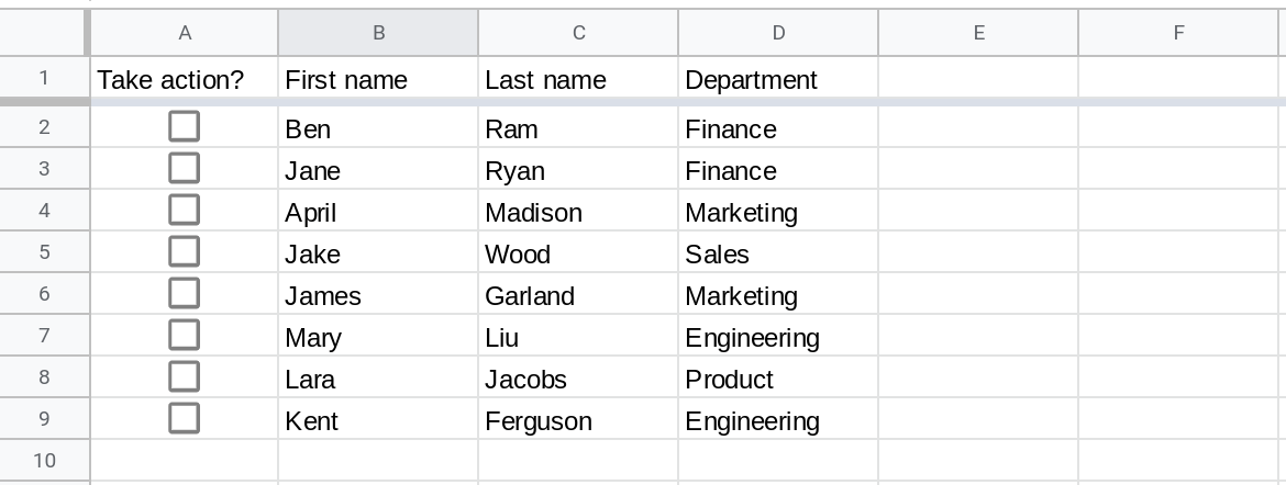 Screenshot of a Google Sheets spreadsheet with the range A1:F9 displayed. Column A contains checkboxes and all of them are unchecked.