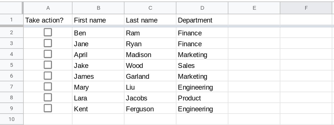 Screenshot of a Google Sheets spreadsheet with the range A1:F9 displayed. Column A contains checkboxes and all of them are unchecked.