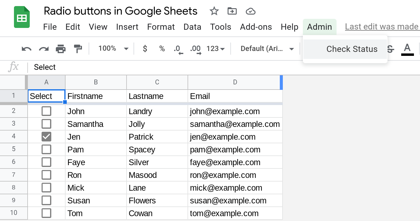 Screenshot of the same spreadsheet that was previously described. A single row has a checkbox checked.