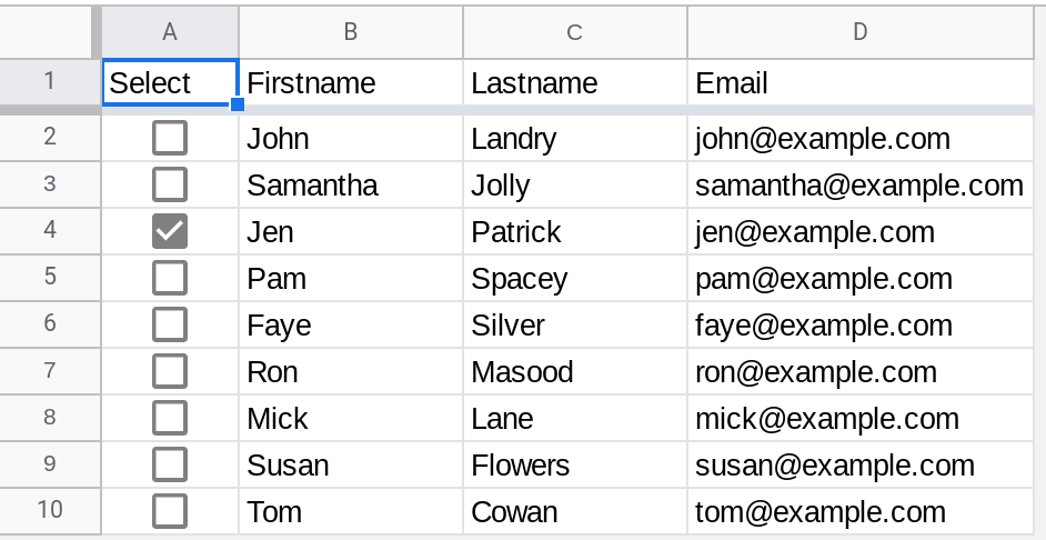 Screenshot of the same spreadsheet that was previously described. A single row has a checkbox checked.