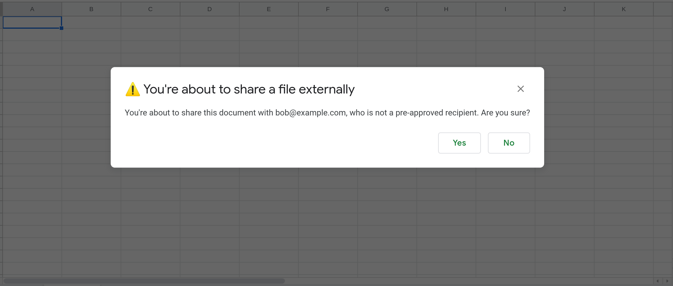 Screenshot of Google Sheets with an alert message displayed. 