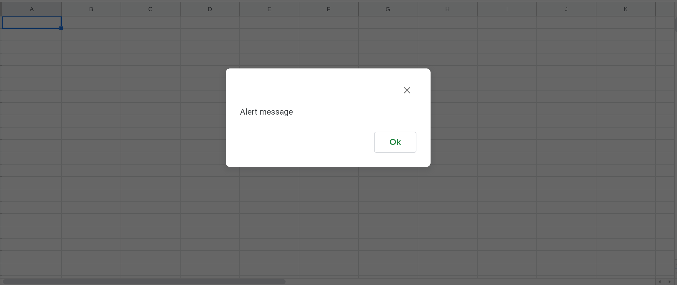 Screenshot of Google Sheets with an alert message displayed. 