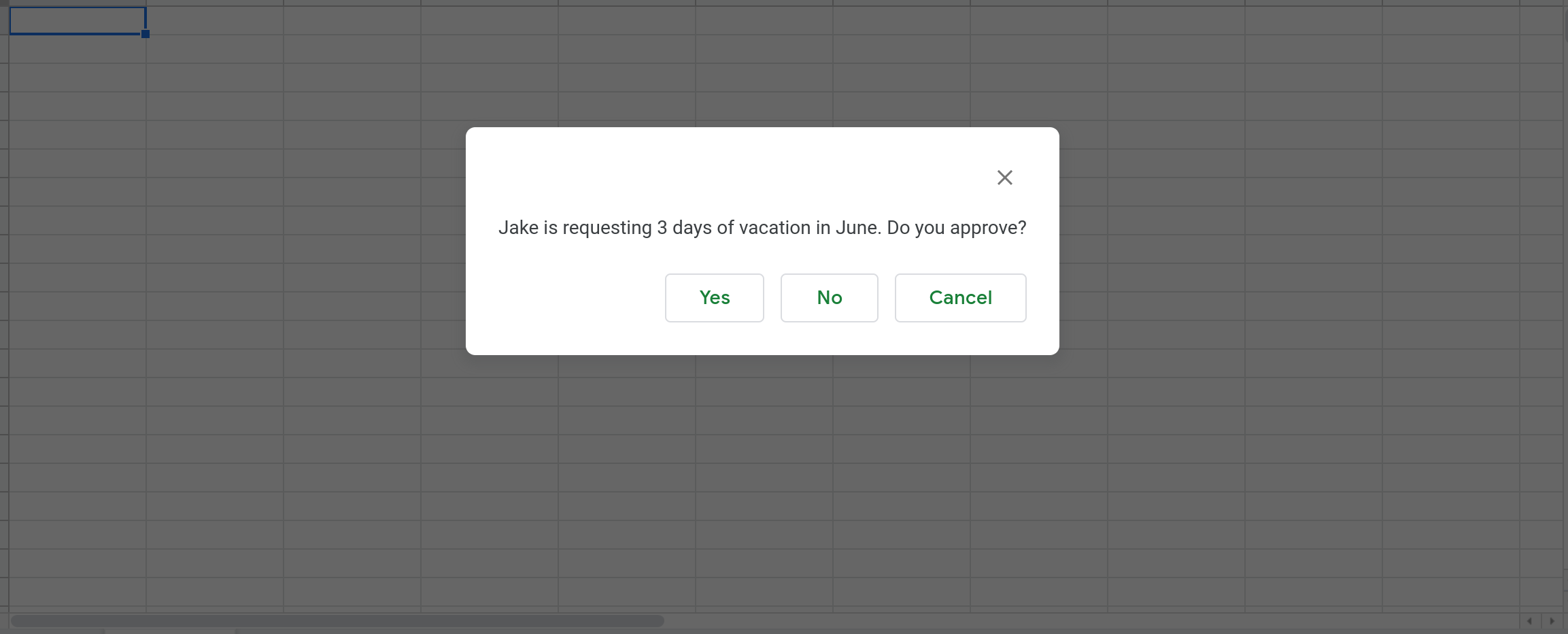 Screenshot of Google Sheets with an alert message displayed. 