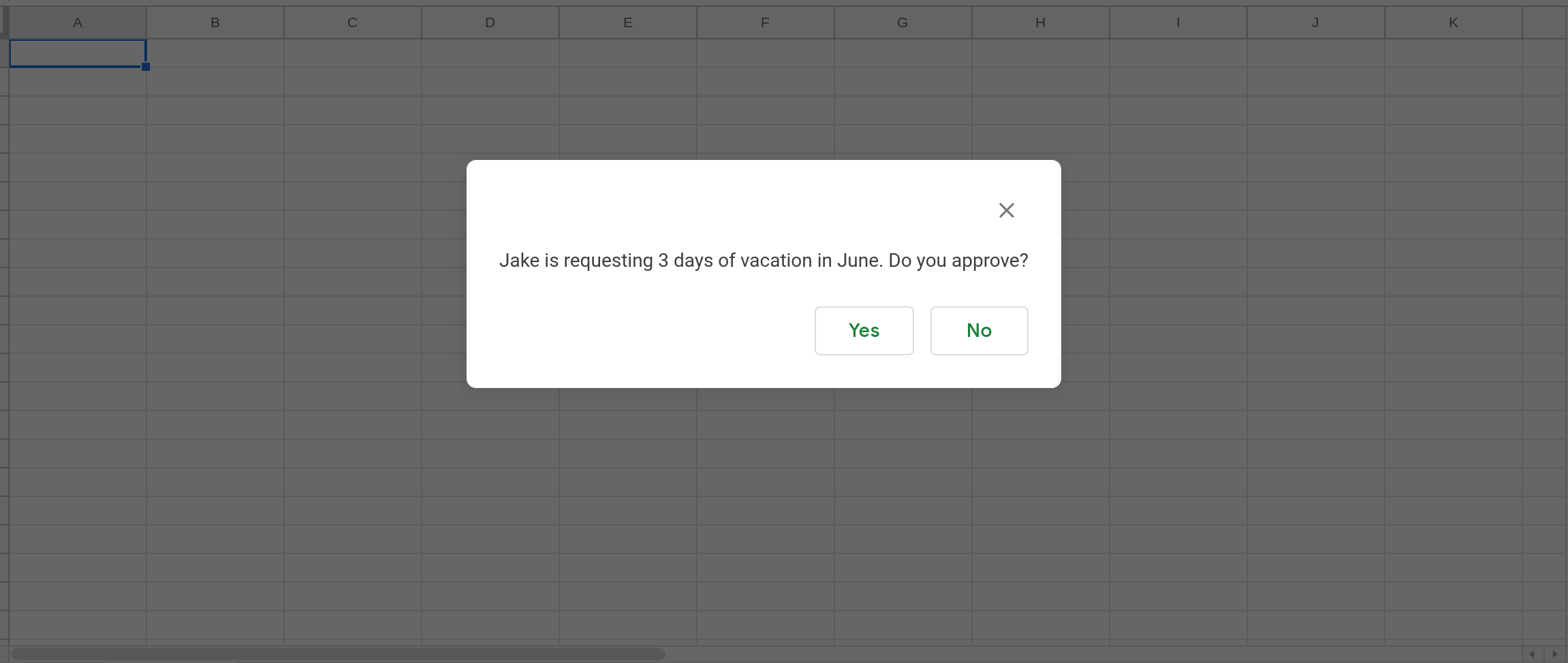 Screenshot of Google Sheets with an alert message displayed. 