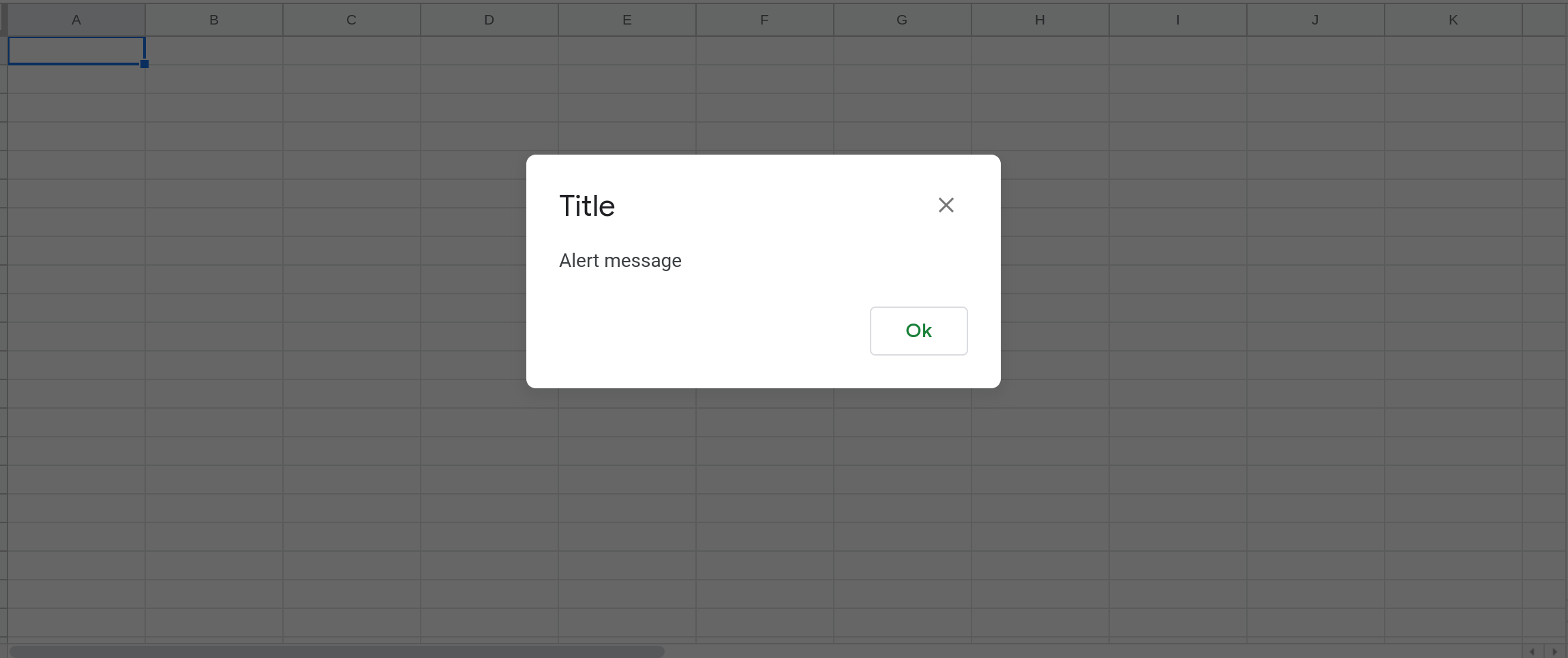 Screenshot of Google Sheets with an alert message displayed. 