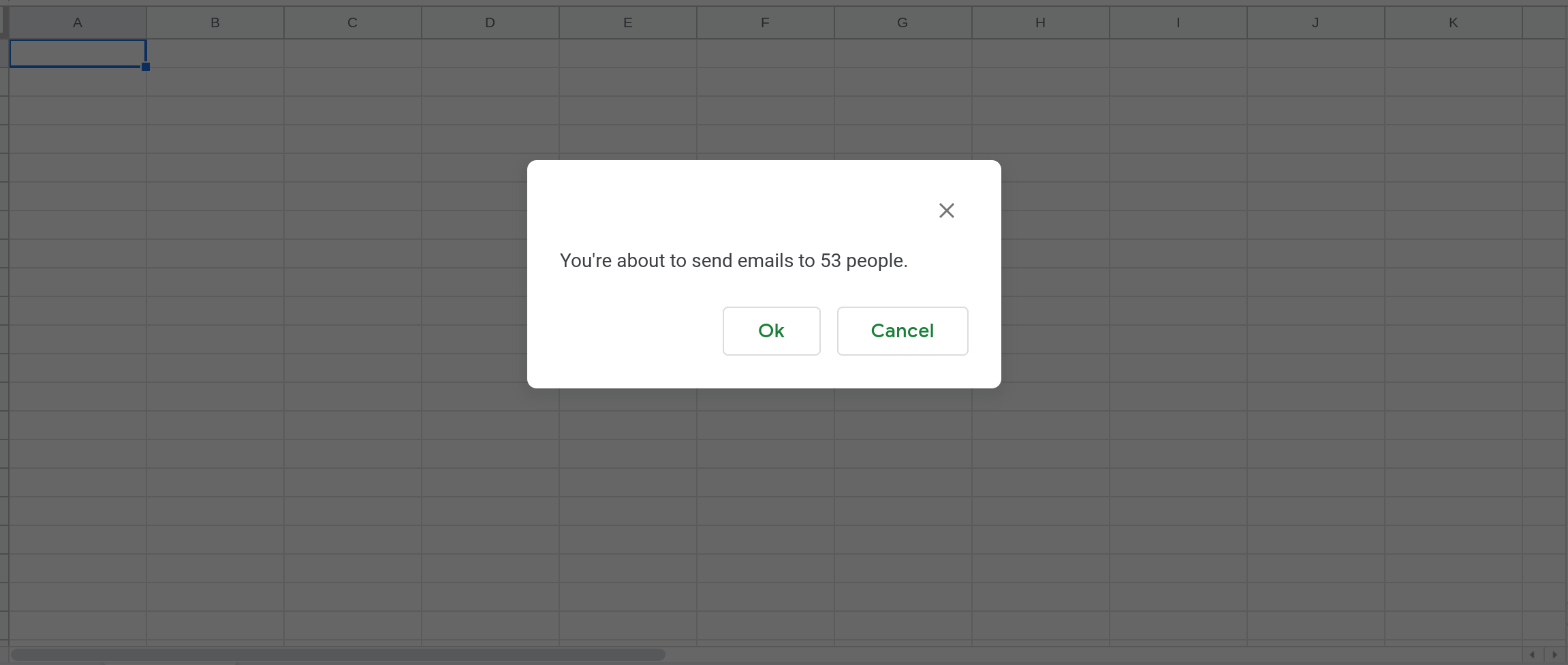 Screenshot of Google Sheets with an alert message displayed.