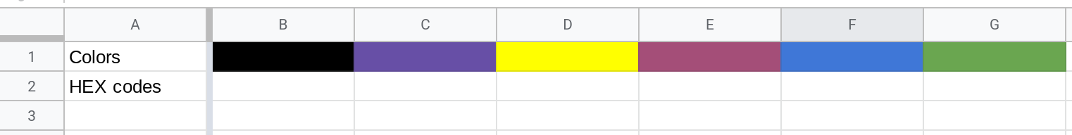 Screenshot of a Google Sheets spreadsheet where the first few cells in Row 1 have been filled with different colors.