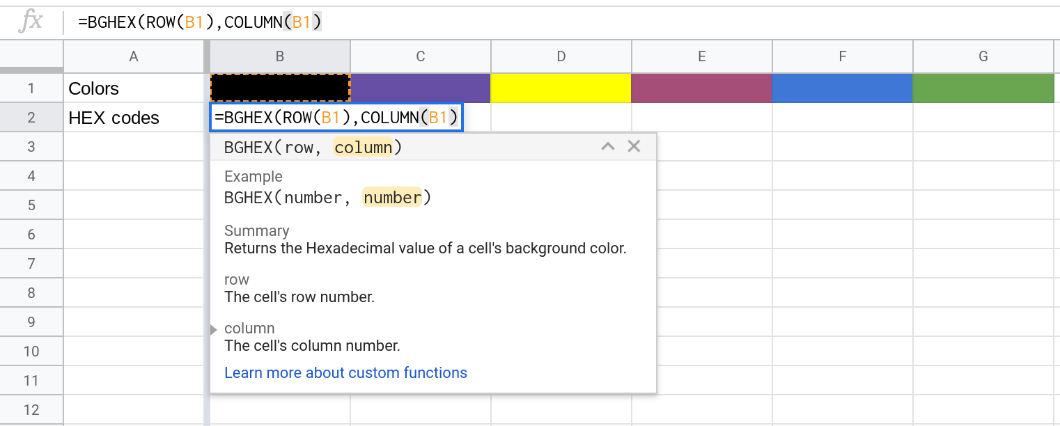 A screenshot of the spreadsheet displaying the autocomplete UI for the BGHEX() function.