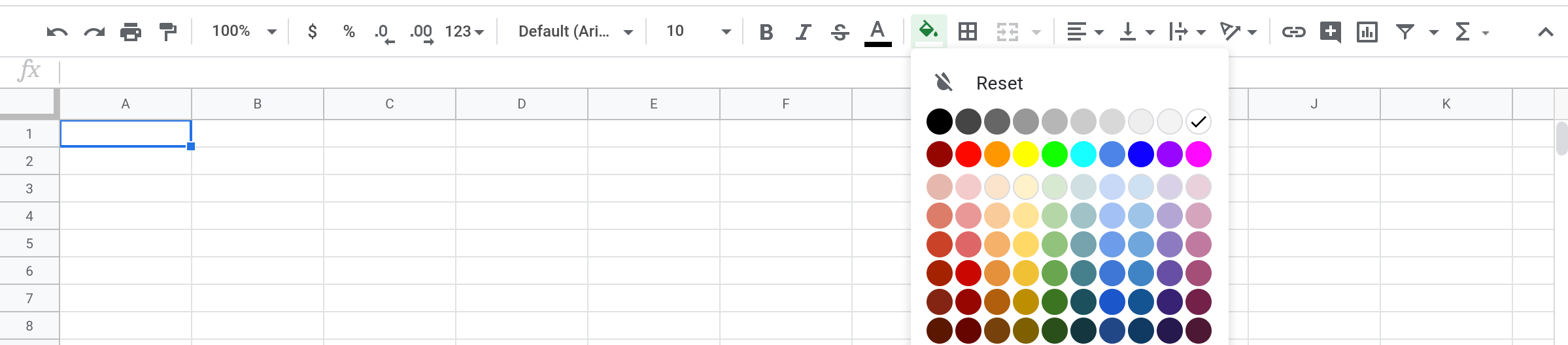 A screenshot of the color picker in Google Sheets.