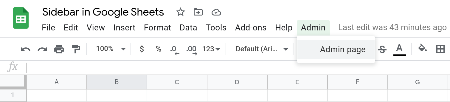 Screenshot of a Google Sheets spreadsheet that shows a custom menu called Admin. The menu is open and a menu item called Admin page is selected.