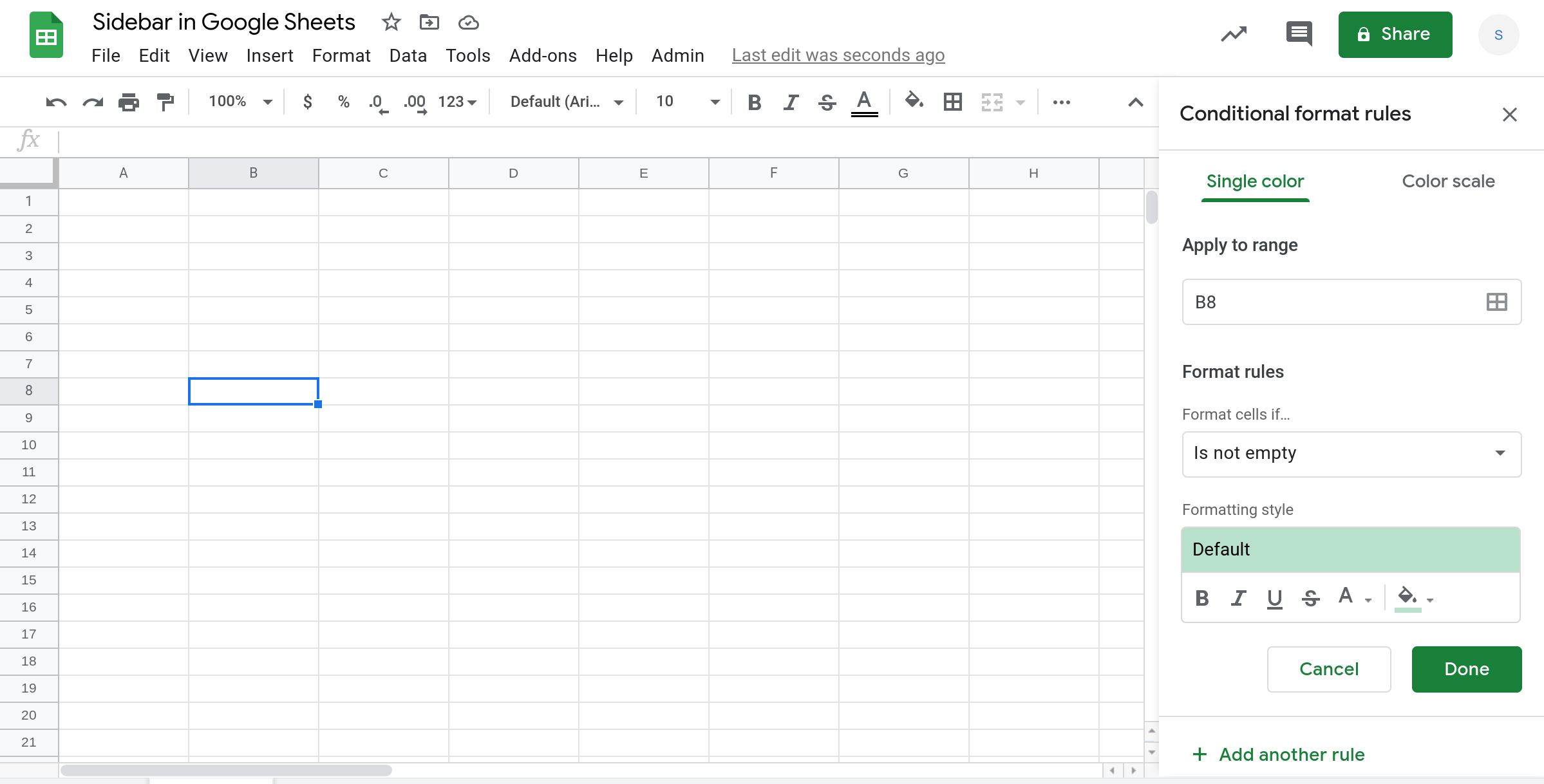 Screenshot of a Google Sheets spreadsheet with the conditional formatting sidebar open.