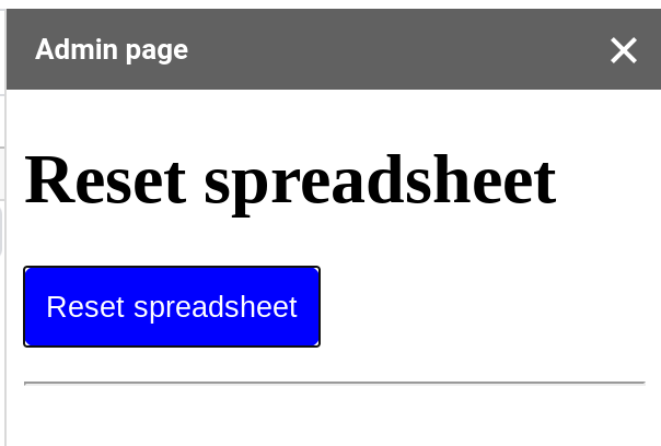Screenshot of a Google Sheets spreadsheet with a custom sidebar titled Admin page. The sidebar has a button styled using CSS.