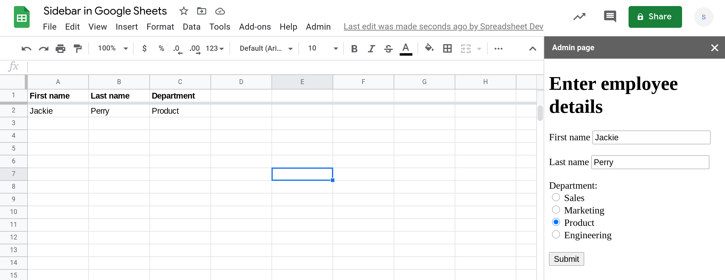 A screenshot of a custom data entry form in a sidebar in Google Sheets.