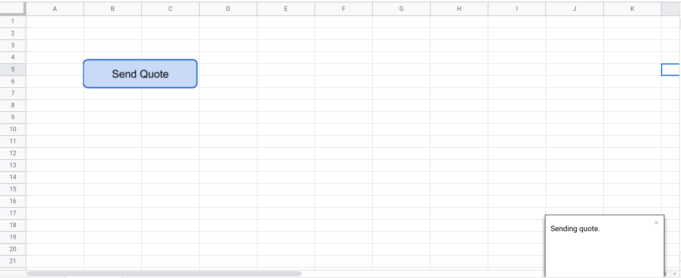 Screenshot of a Google Sheets spreadsheet with a toast notification displayed.