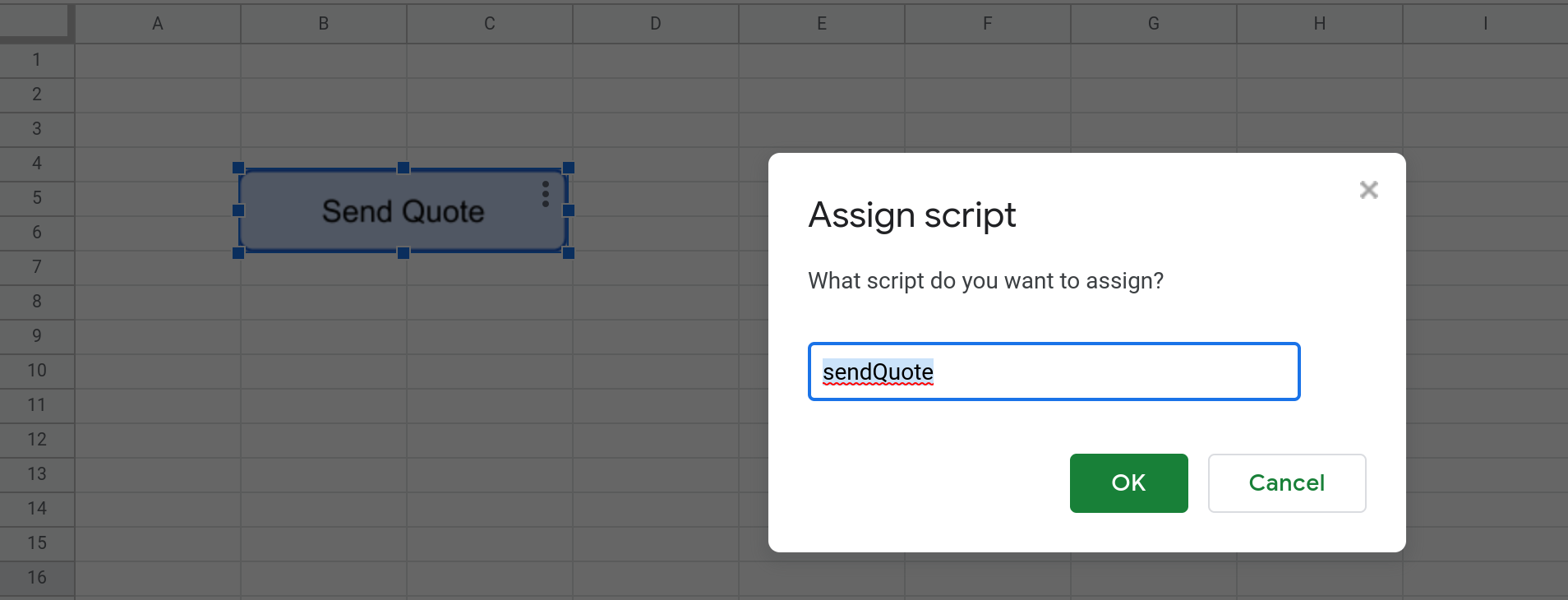 Screenshot of the modal dialog in Google Sheets where you specify the name of the function to be run whenever the button is clicked.