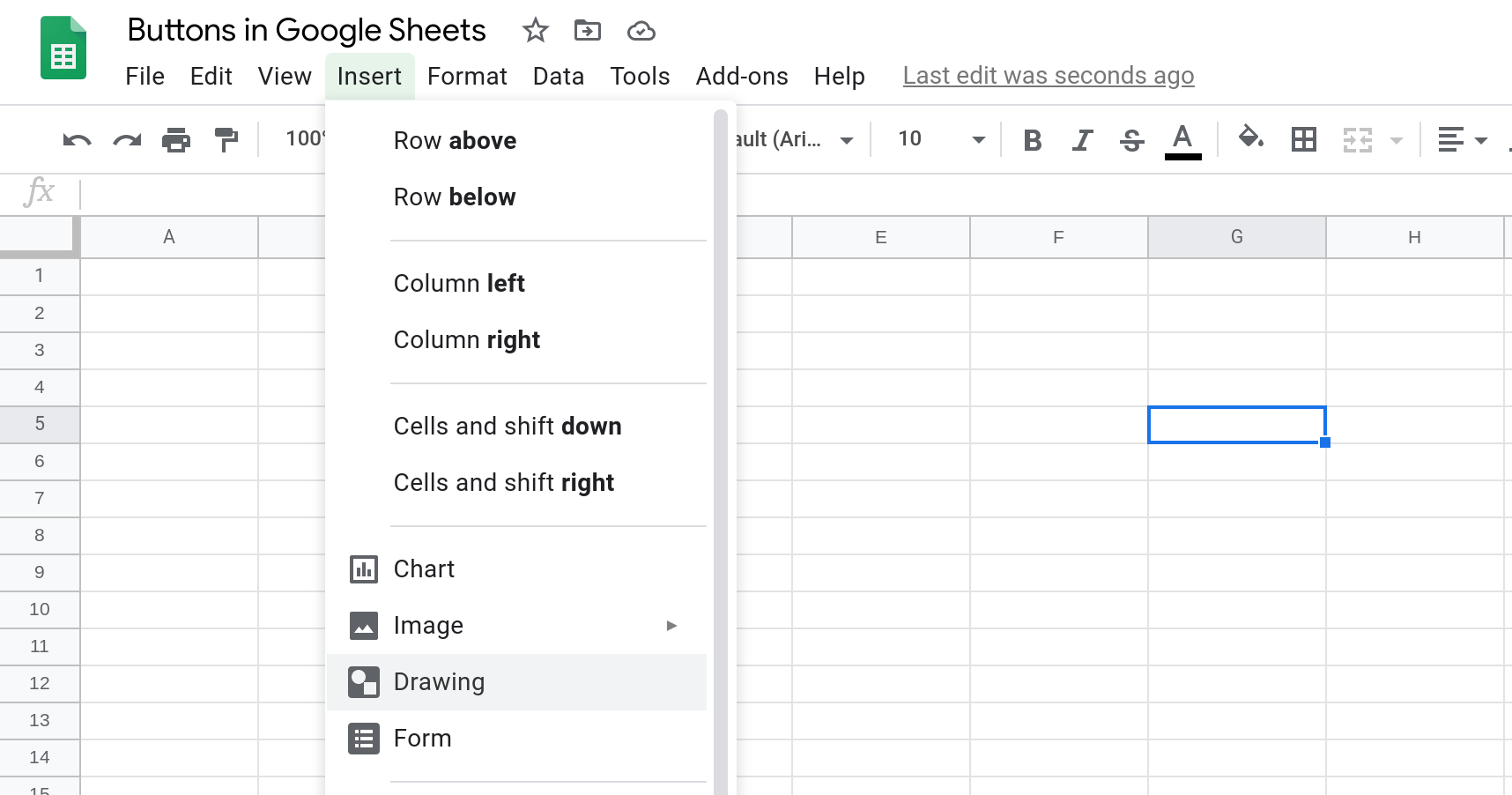 Screenshot of a Google Sheets spreadsheet with the Insert menu open.