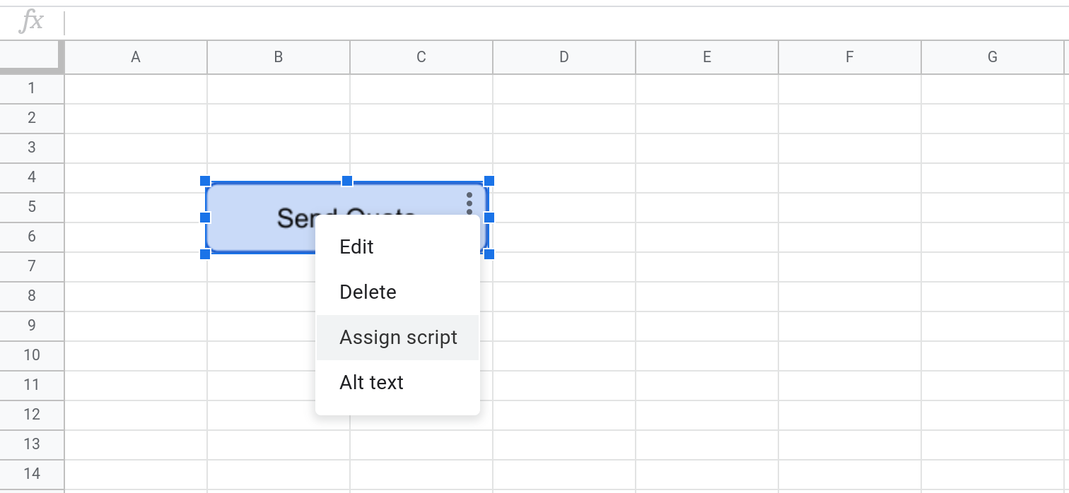 Screenshot of a Google Sheets spreadsheet with a button selected. The three dots menu is selected.