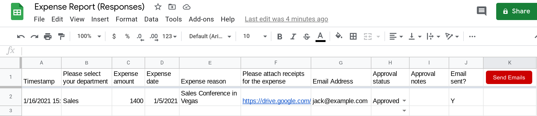 Screenshot of a Google Sheets spreadsheet with a drawing inserted in it that looks like a button.