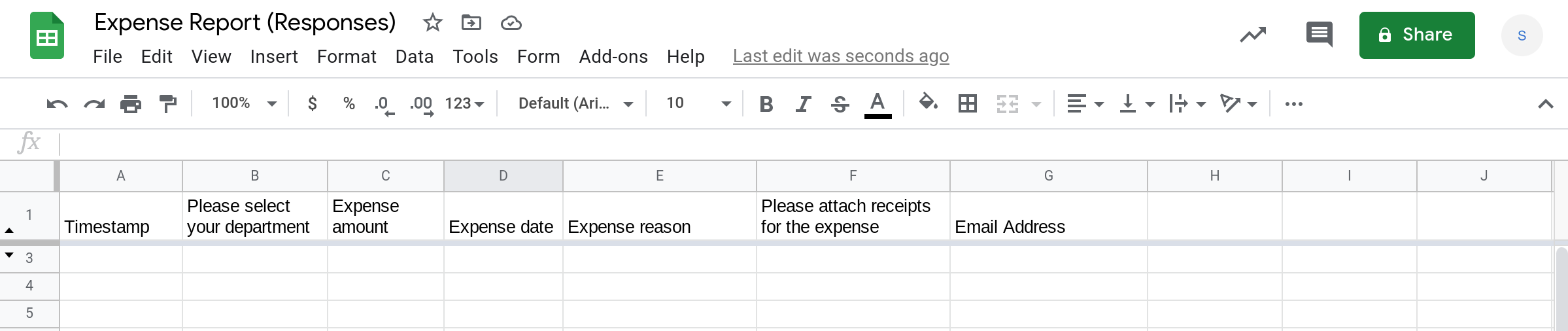 Screenshot of a Google Sheets spreadsheet with columns corresponding to the fields of a Google Form.