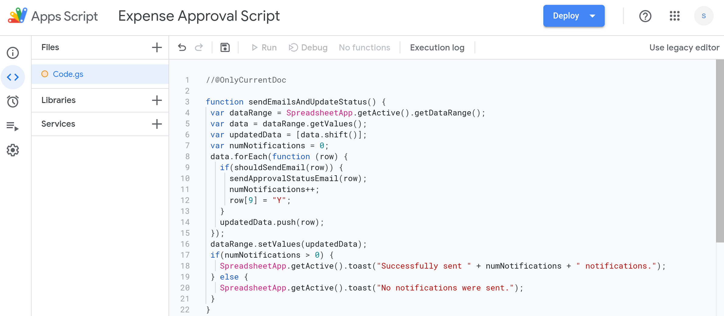 Screenshot of the Google Apps Script editor.