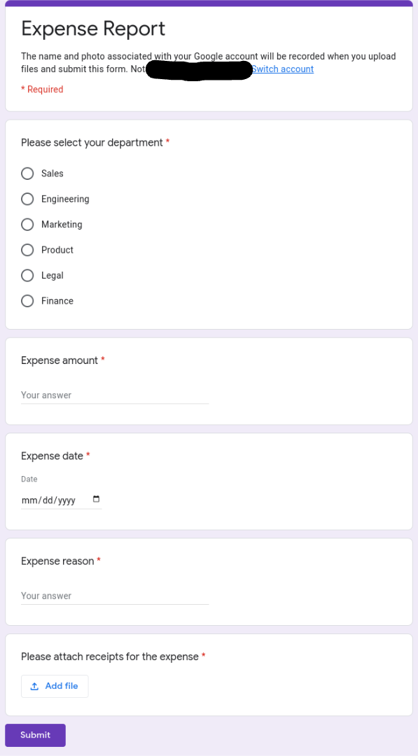 Screenshot of a Google Form for employees to submit an expense report.