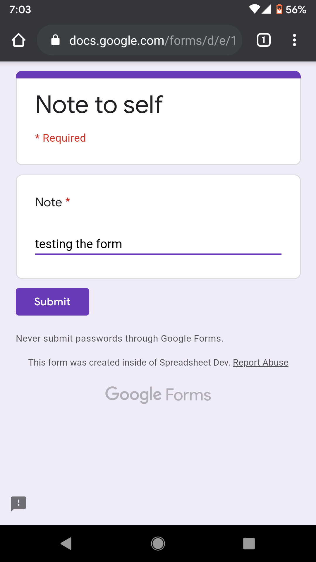 Screenshot of a Google Form opened in the Google Chrome browser on an Android hone.