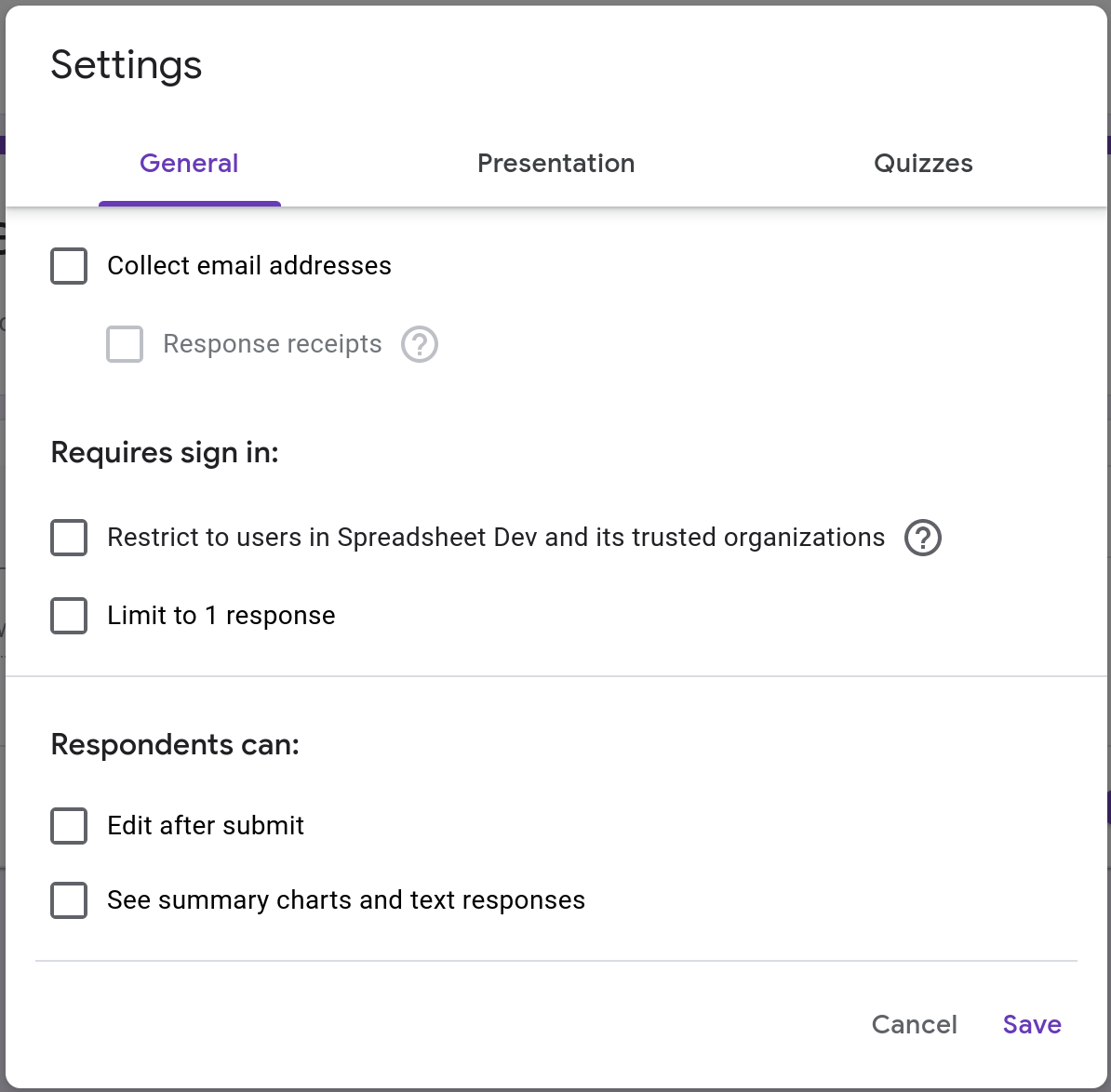 Screenshot of the General tab in the settings page of a Google Form.