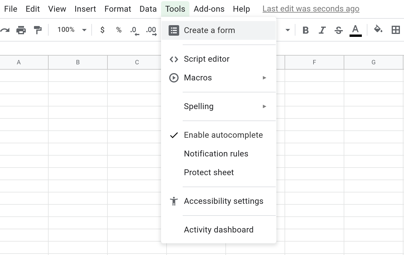 Screenshot of the Tools menu in Google Sheets with the "Create a form" menu item highlighted.