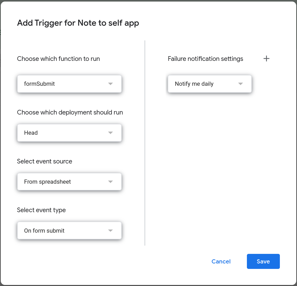 Screenshot of the "Add Trigger" popup dialog that displays the various settings to configure a trigger.