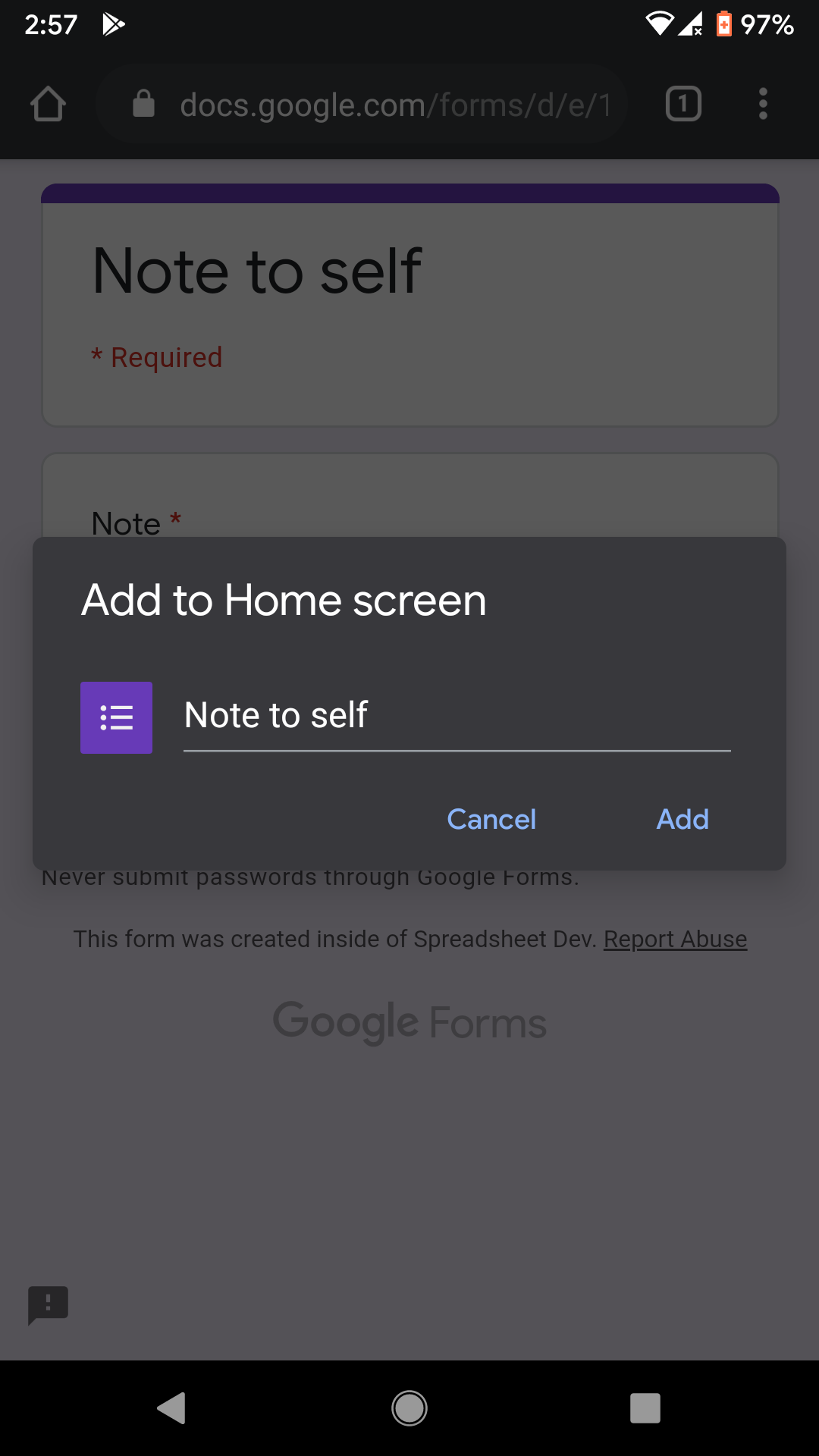 Screenshot of the "Add to Home screen" dialog in Google Chrome on an Android phone.