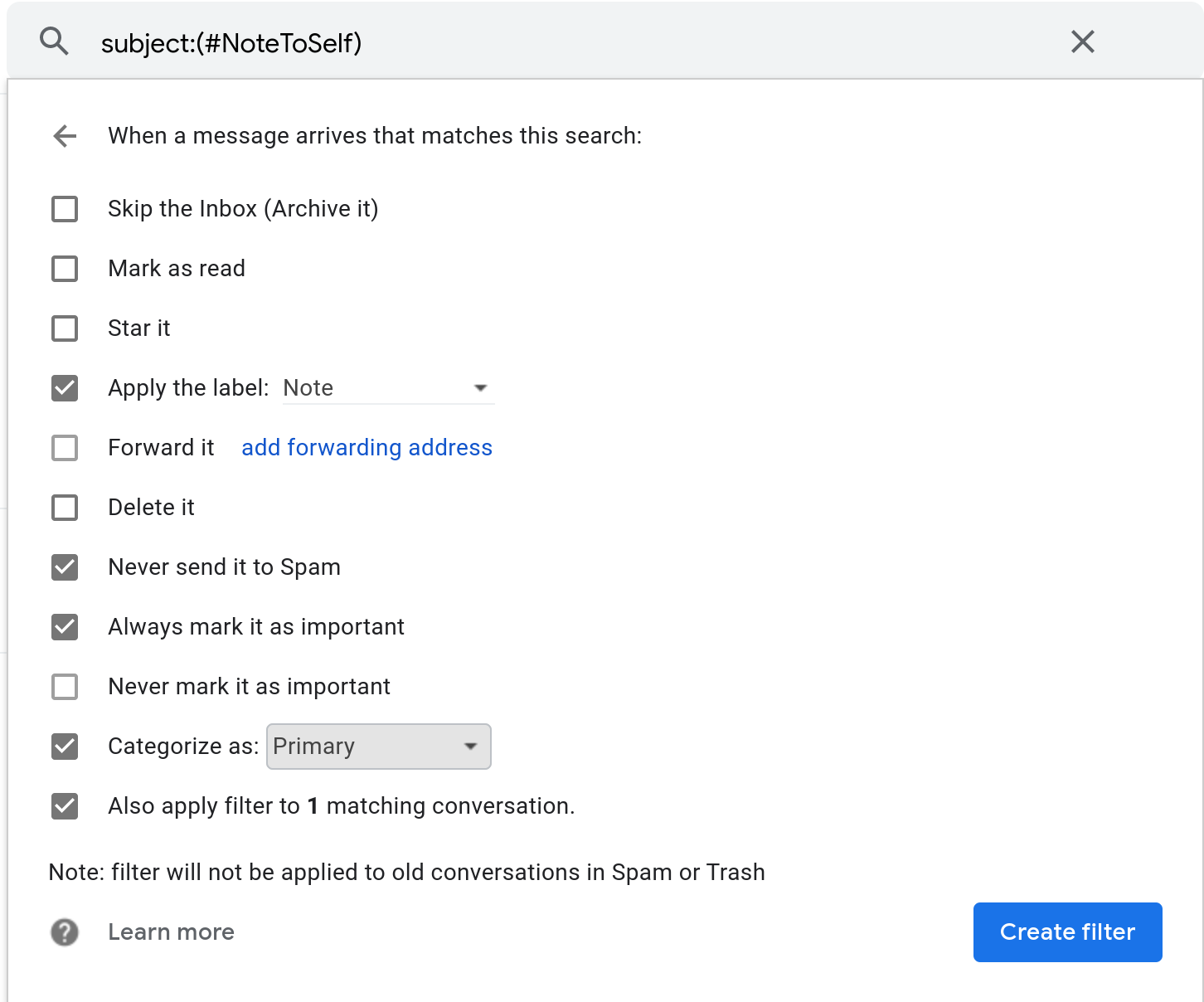 Screenshot of the "Create filter" dialog in Gmail.