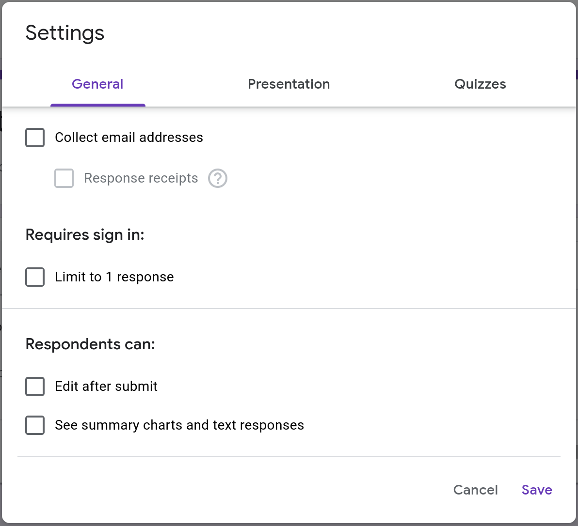 Screenshot of the General tab in the settings page of a Google Form.