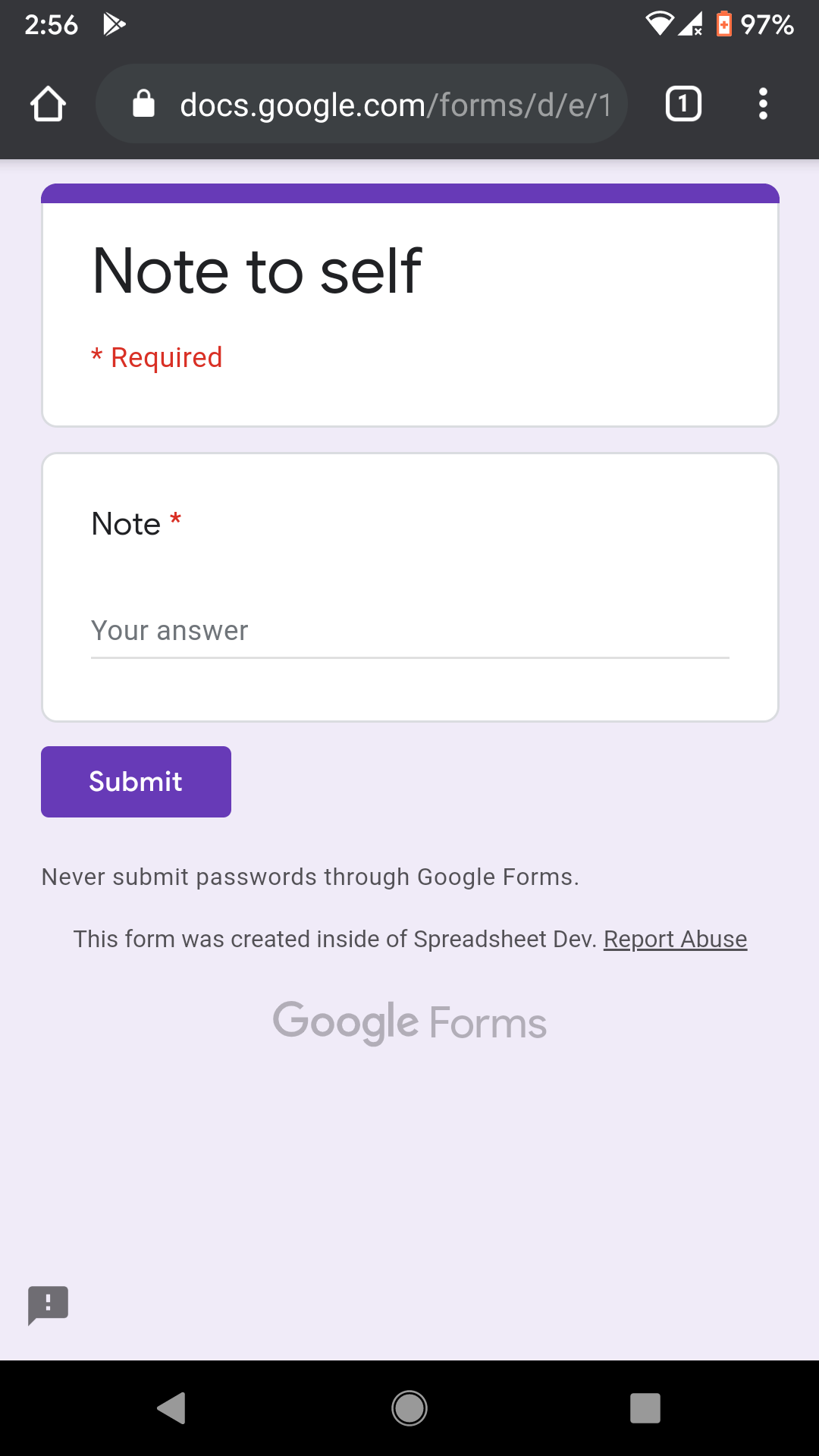 Screenshot of a Google Form that is opened in the Chrome browser on an Android phone.