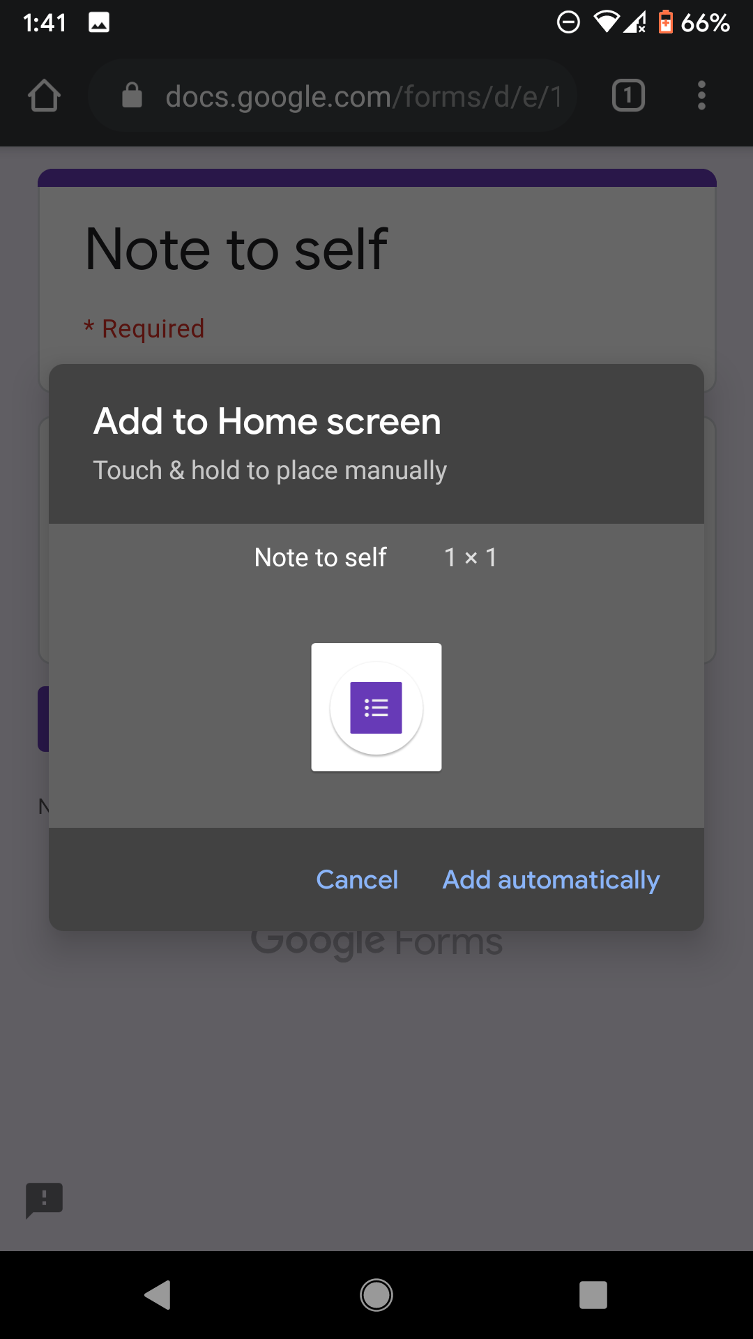 Screenshot of the "Add to Home screen" dialog in Google Chrome on an Android phone. This dialog is asking if you want to place the shortcut icon manually or if you want it placed automatically?
