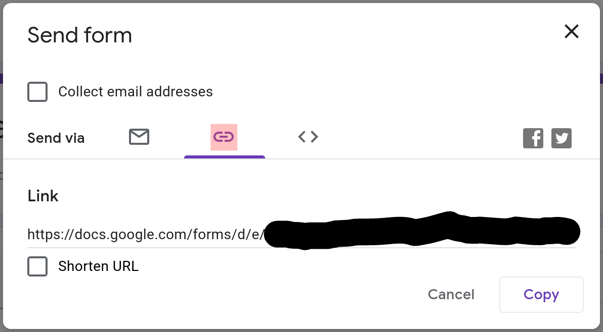 Screenshot of the "Send form" dialog in Google Forms.