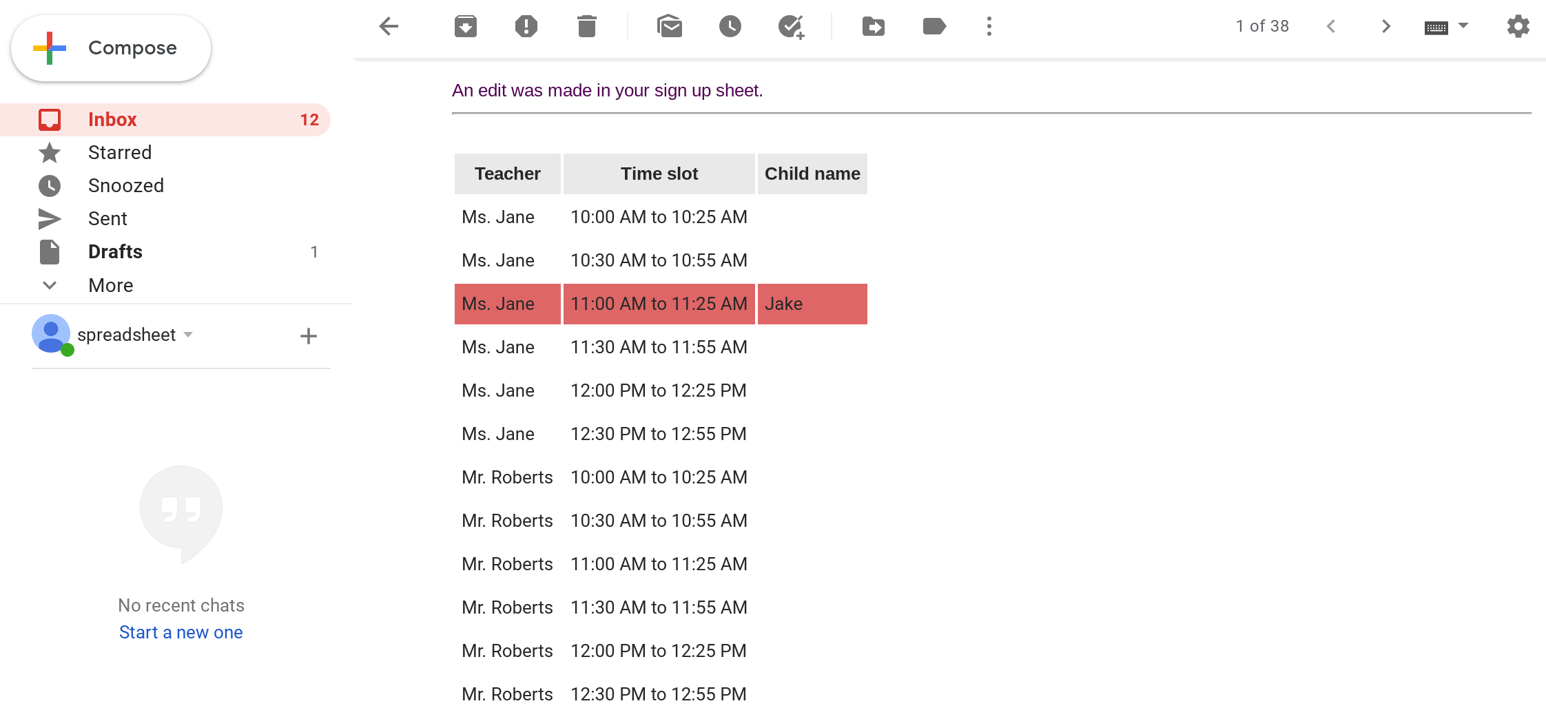 Screenshot of the HTML email sent by your script. The email has a HTML table that displays information from the sign up spreadsheet. The row that was edited is highlighted in the table.