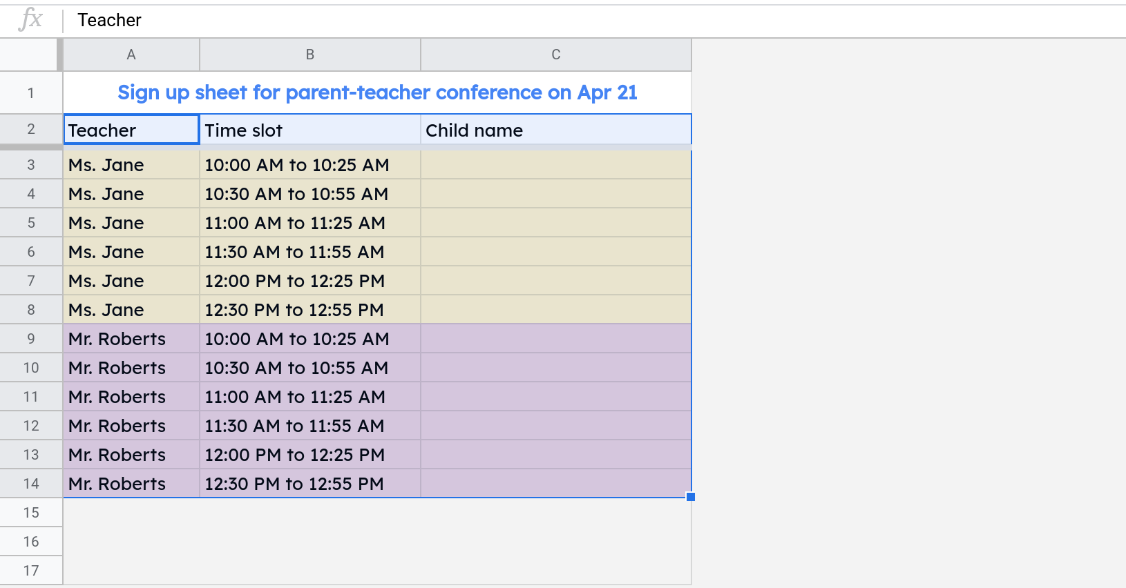 Sign Up Sheet With Time Slots in PDF