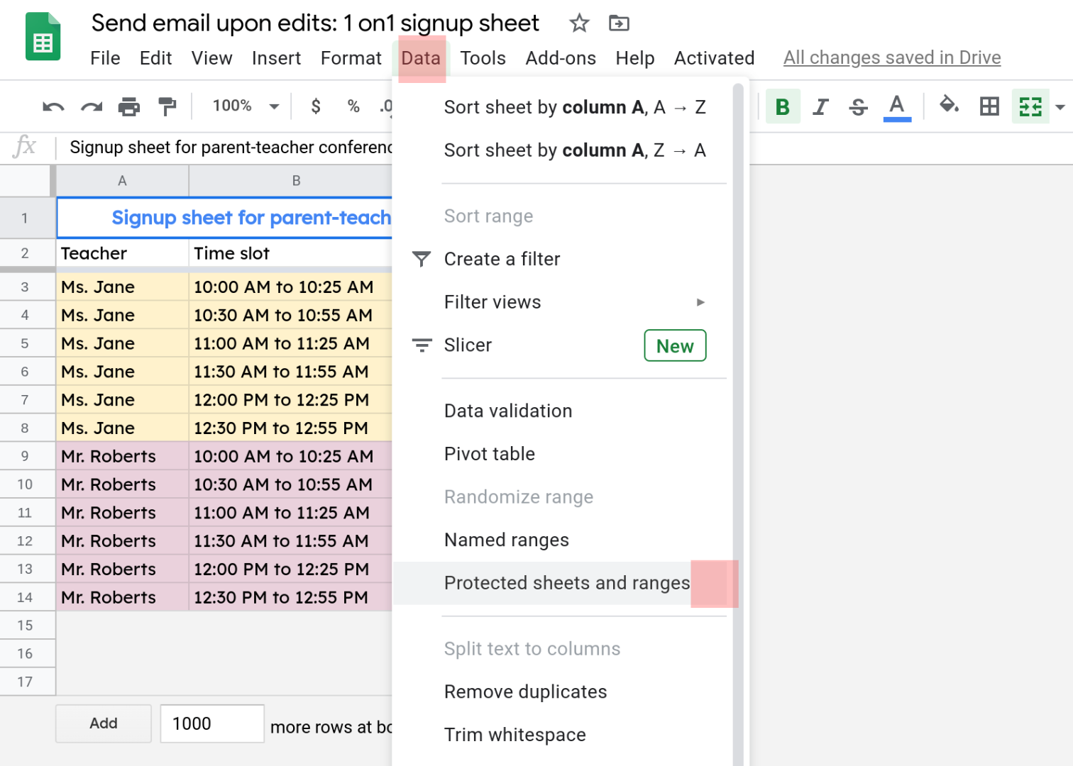 Screenshot of the spreadsheet with the Data menu selected. The menu item 