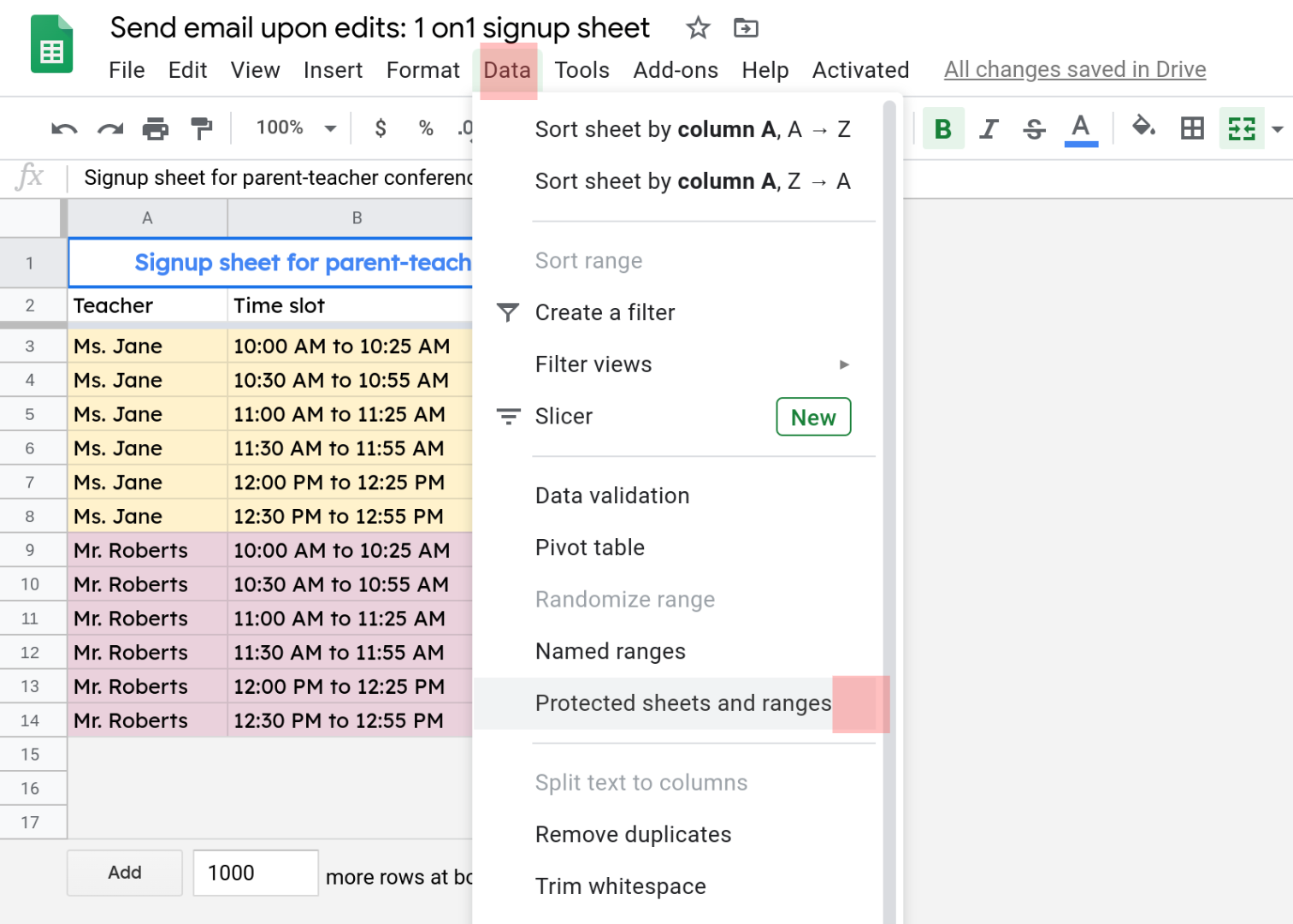 Screenshot of the spreadsheet with the Data menu selected. The menu item "Protected sheets and ranges" is highlighted. 