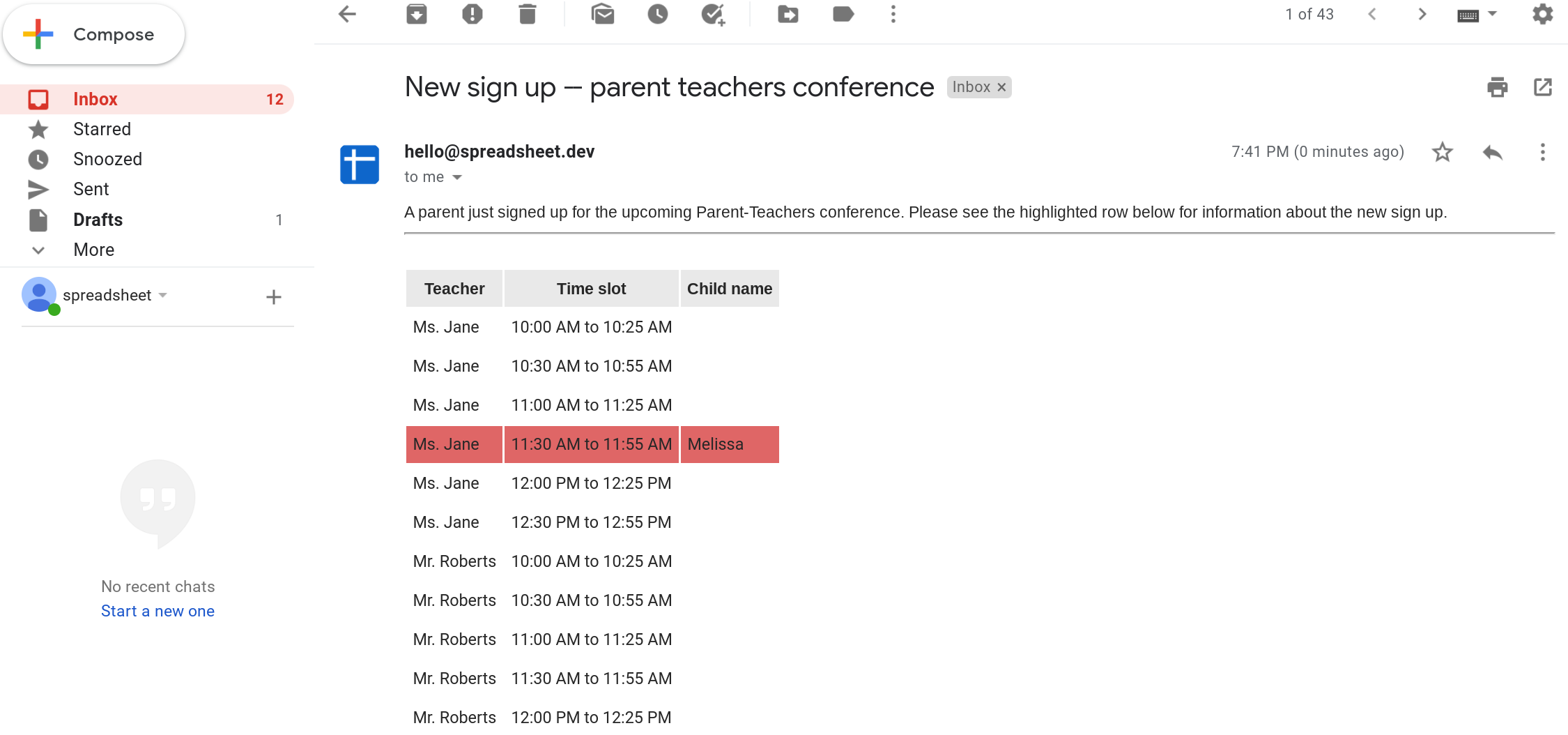 Screenshot of an HTML email. The email has a table containing information from your spreadsheet. The row that was edited is highlighted in the table.