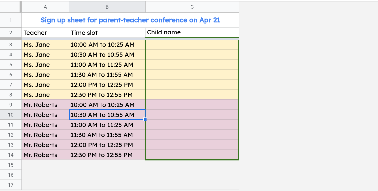 Screenshot of the sign up spreadsheet with a range highlighted. This is the range that users of your spreadsheet will be able to edit. Other ranges have been protected and users will not be able to edit them.