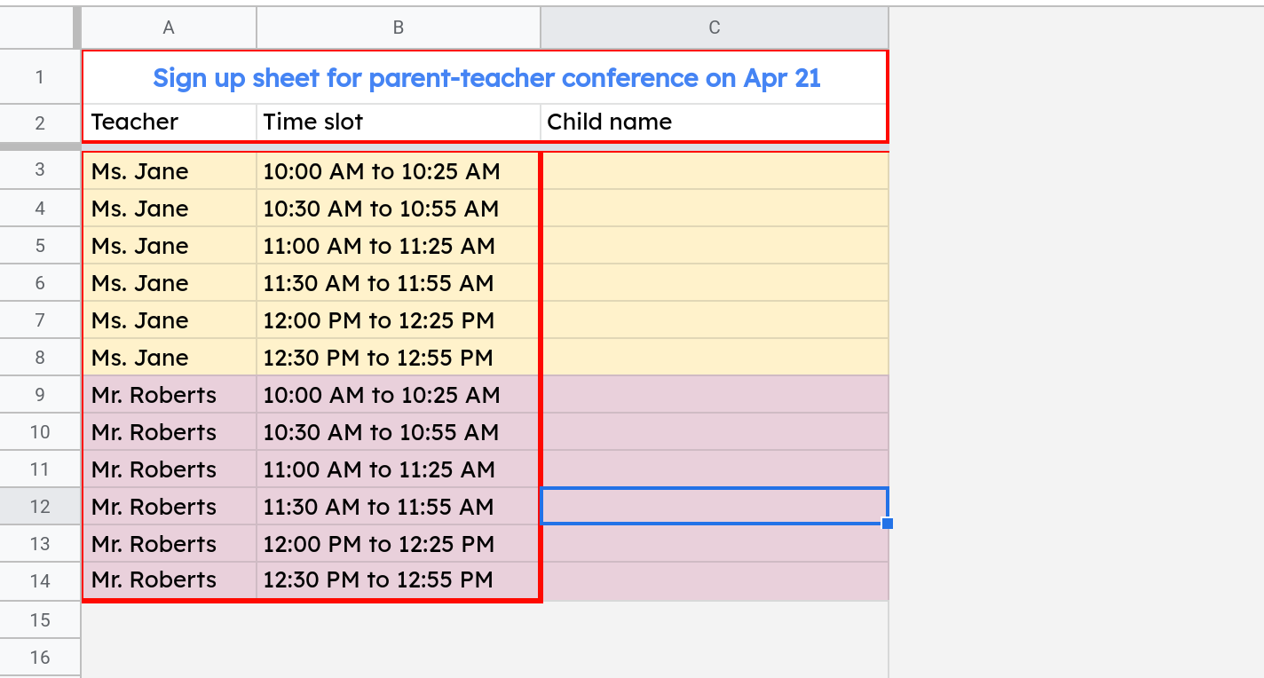 Screenshot of the sign up spreadsheet where two ranges are highlighted. The two ranges are A1:C2 and A3:B14.