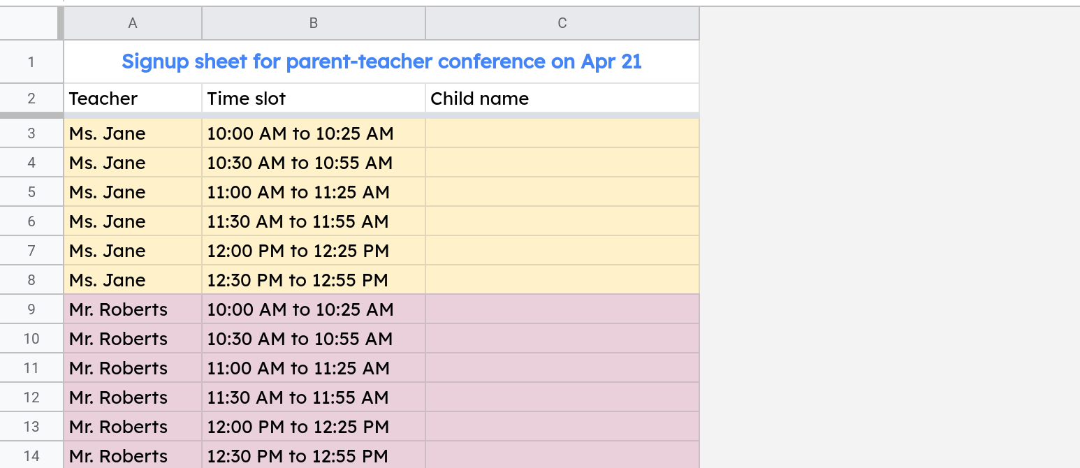 A screenshot of the Parent-Teacher conference sign up spreadsheet. It has three columns: Teacher, Time slot, Child name. The spreadsheet has a header row and 12 rows (one per slot) where parents can sign up. 