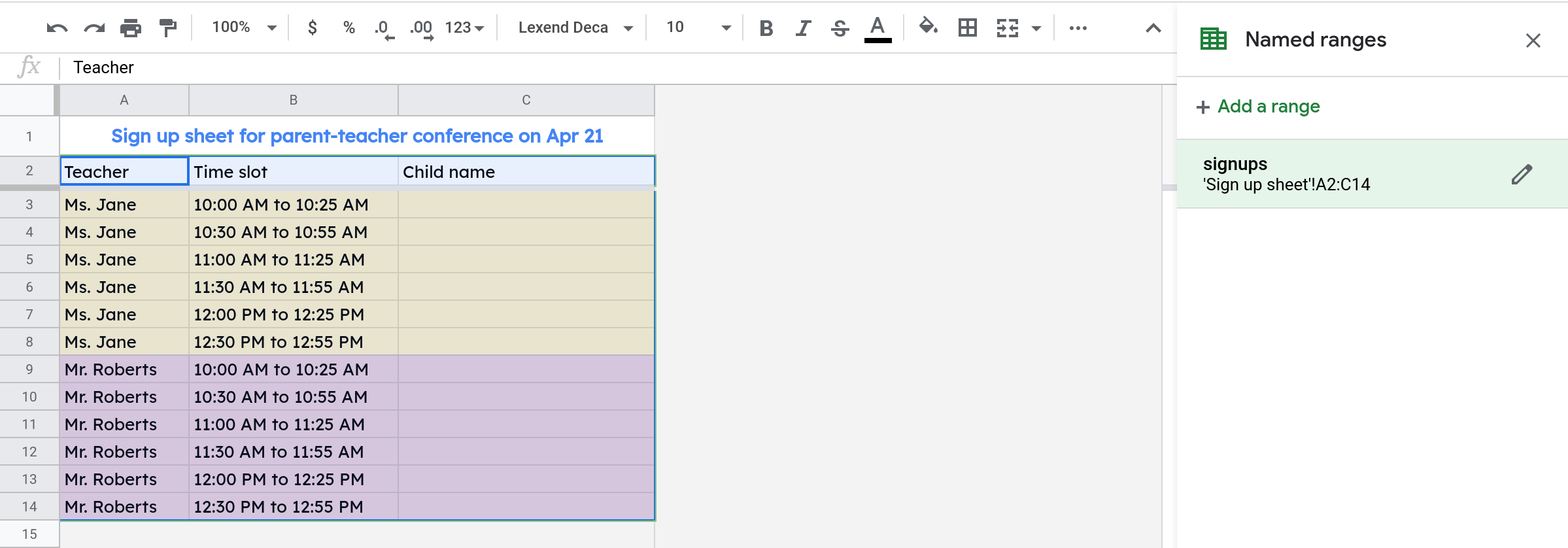Screenshot of the Sidebar to create a named range. It displays the named range called 