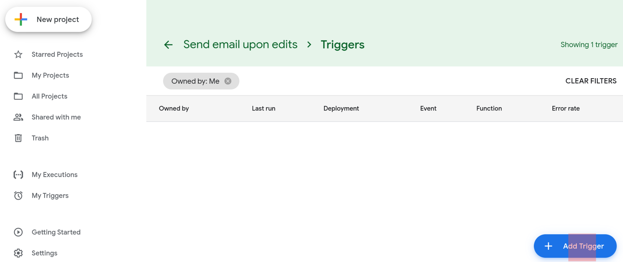 Screenshot of the triggers page. No triggers have been set up so the page is empty.