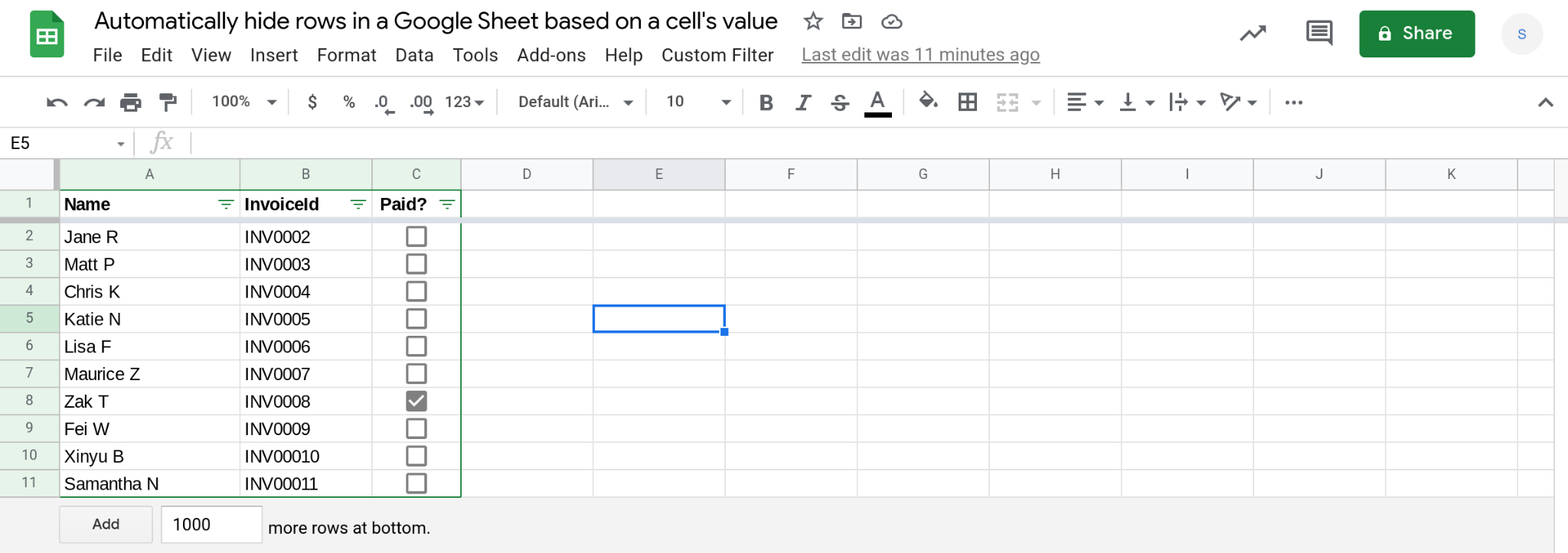 Hide rows based on cell value in Sheets using Apps Script