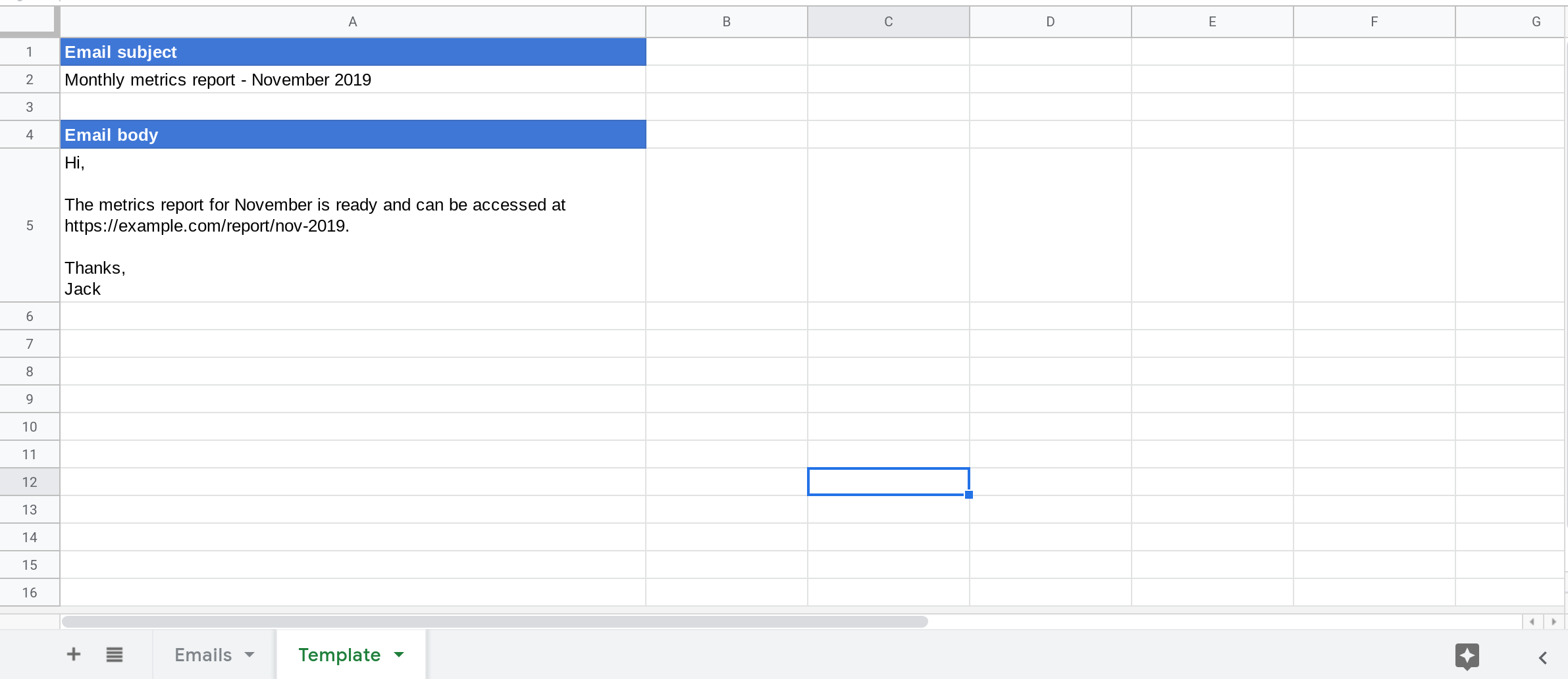 Screenshot of a Google Sheet containing templates for the email's subject and body.