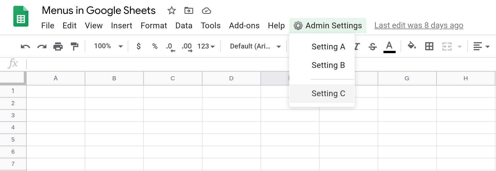 Screenshot of a Google Sheets spreadsheet showing a custom menu with three menu items. A line separator separates the third menu item from the first two.